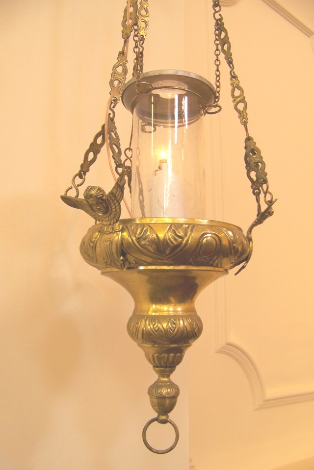 A closer view of our Sanctuary Lamp, showing an angel.